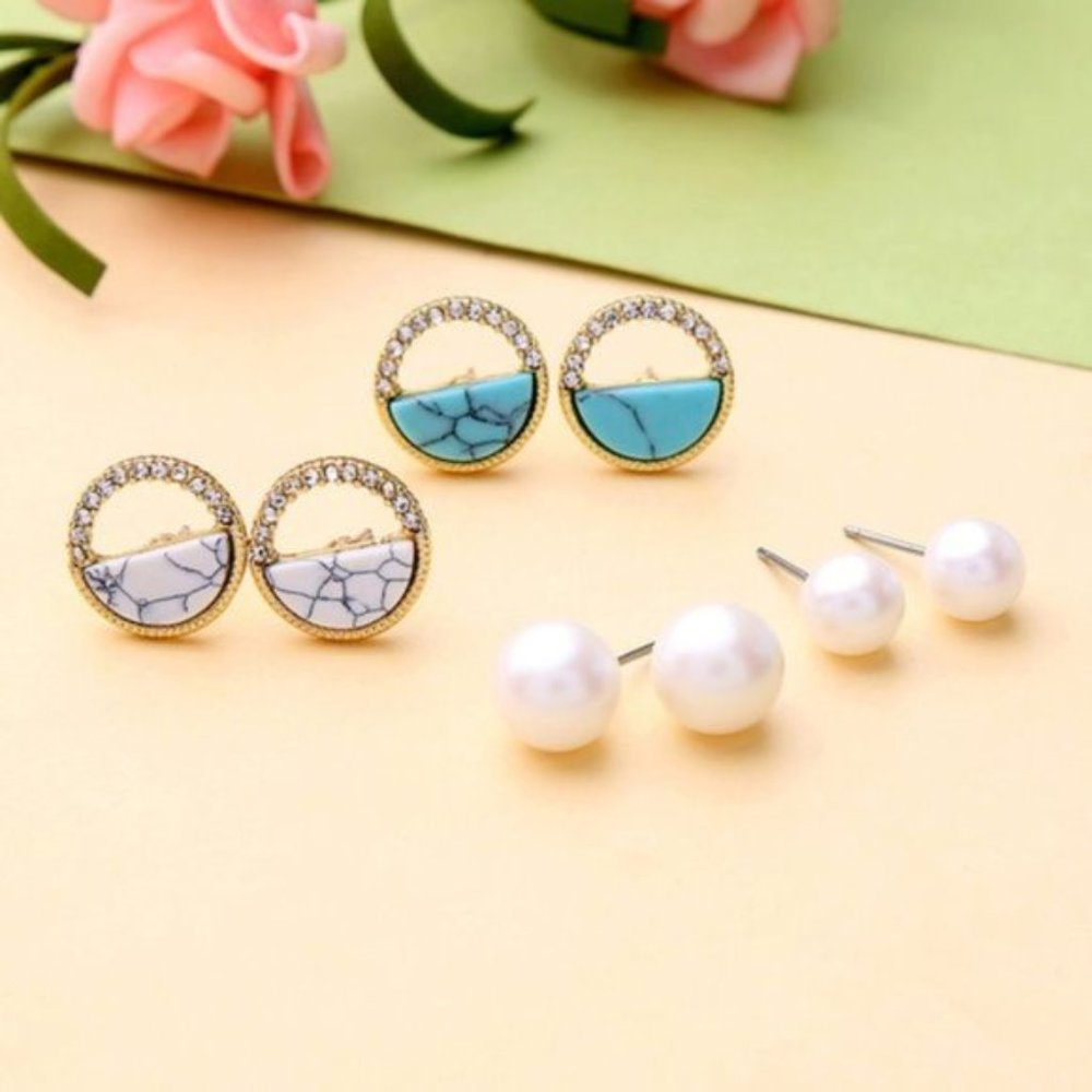 Faux Pearl & Marble Stud Earrings